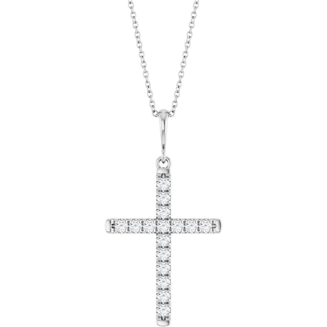 14K White Gold 3/8 CTW Lab-Grown Diamond French-Set Cross 16-18" Necklace