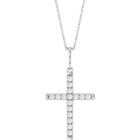 14K White Gold 3/8 CTW Lab-Grown Diamond French-Set Cross 16-18" Necklace