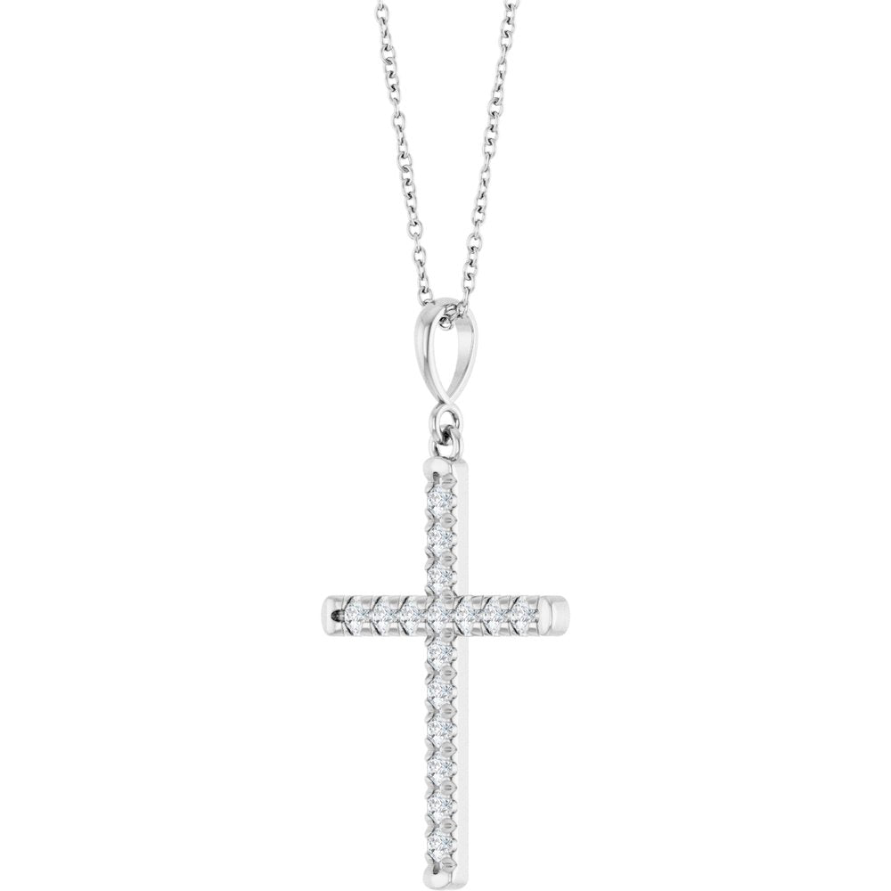 14K White Gold 3/8 CTW Lab-Grown Diamond French-Set Cross 16-18" Necklace