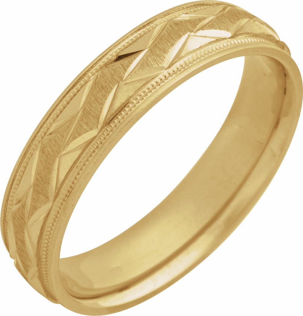 14K Yellow Gold 5 mm Milgrain Edge Geometric Faceted Comfort-Fit Half Round Band Size 10