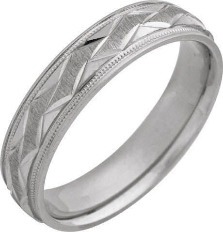 14K White Gold 5 mm Milgrain Edge Geometric Faceted Comfort-Fit Half Round Band Size 8.5