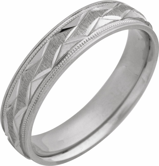 14K White Gold 5 mm Milgrain Edge Geometric Faceted Comfort-Fit Half Round Band Size 8.5