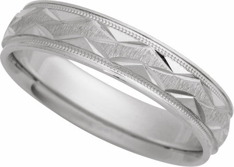 14K White Gold 5 mm Milgrain Edge Geometric Faceted Comfort-Fit Half Round Band Size 8.5