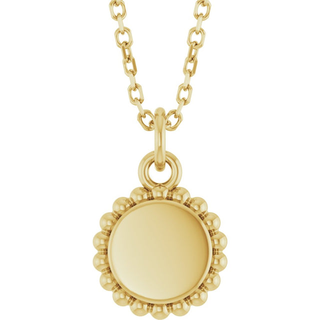 14K Yellow Gold Engravable Beaded Disc 16-18" Necklace