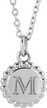 14K White Engravable Beaded Disc 16-18" Necklace