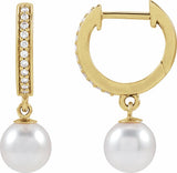14K Yellow Gold Cultured White Freshwater Pearl & 1/10 CTW Natural Diamond Hoop Earrings