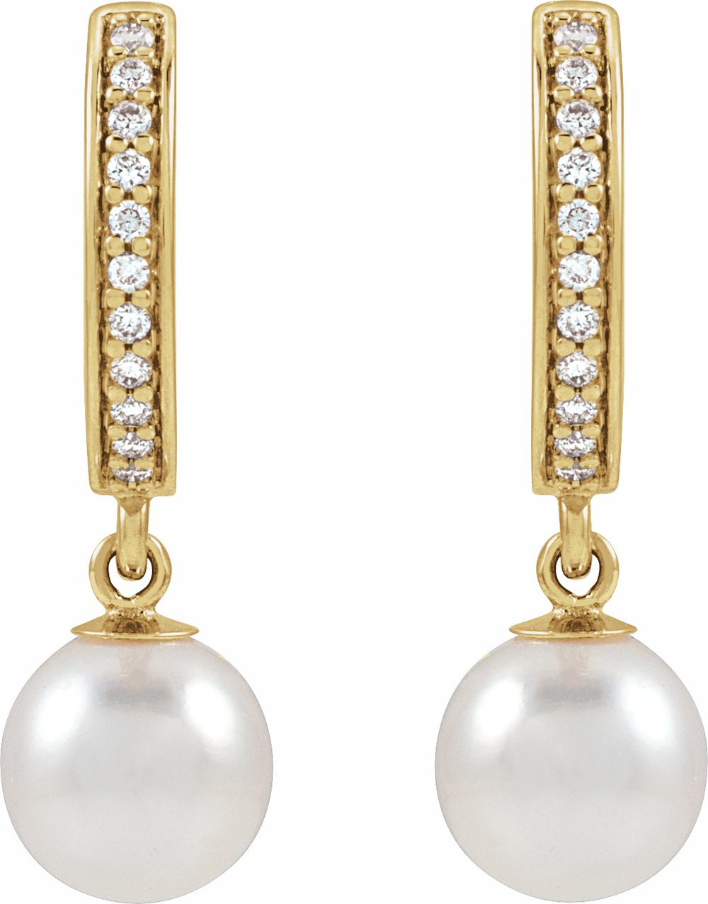 14K Yellow Gold Cultured White Freshwater Pearl & 1/10 CTW Natural Diamond Hoop Earrings