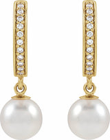 14K Yellow Gold Cultured White Freshwater Pearl & 1/10 CTW Natural Diamond Hoop Earrings