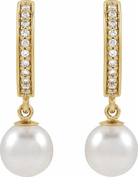 14K Yellow Gold Cultured White Freshwater Pearl & 1/10 CTW Natural Diamond Hoop Earrings
