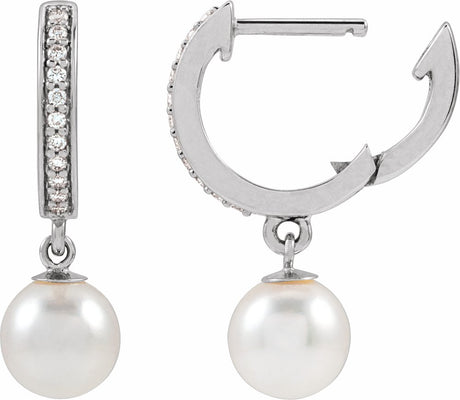 14K White Gold Cultured White Freshwater Pearl & 1/10 CTW Natural Diamond Hoop Earrings