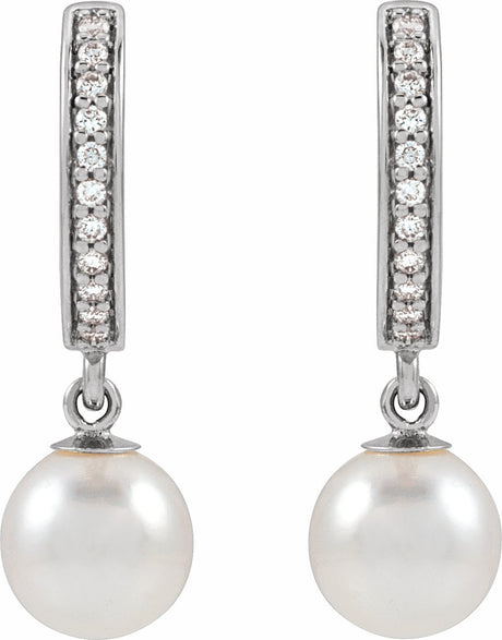 14K White Gold Cultured White Freshwater Pearl & 1/10 CTW Natural Diamond Hoop Earrings