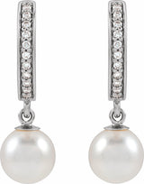 14K White Gold Cultured White Freshwater Pearl & 1/10 CTW Natural Diamond Hoop Earrings