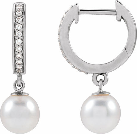 14K White Gold Cultured White Freshwater Pearl & 1/10 CTW Natural Diamond Hoop Earrings