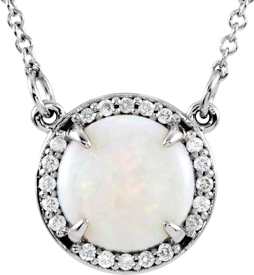 14K White Natural White Opal & .05 CTW Natural Diamond 16" Necklace