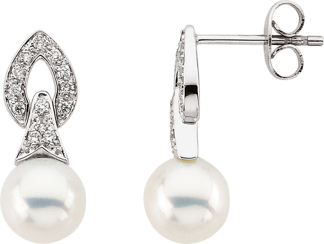 14K White Gold Cultured White Freshwater Pearl & 1/6 CTW Natural Diamond Earrings