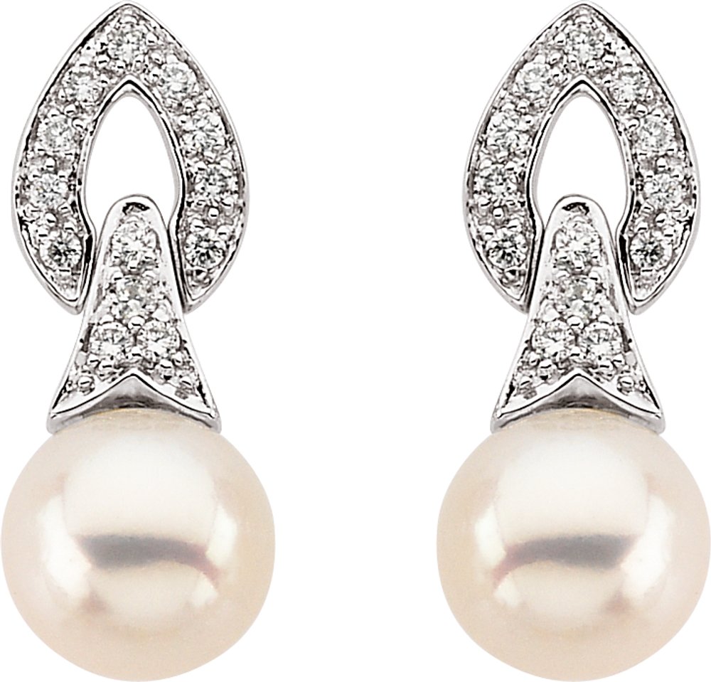 14K White Cultured White Freshwater Pearl & 1/6 CTW Natural Diamond Earrings