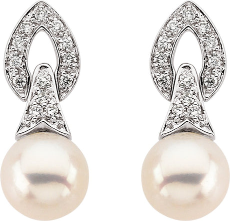 14K White Cultured White Freshwater Pearl & 1/6 CTW Natural Diamond Earrings