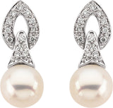 14K White Cultured White Freshwater Pearl & 1/6 CTW Natural Diamond Earrings