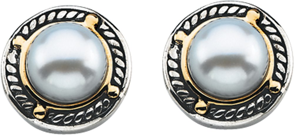 Sterling Silver & 14K Yellow Gold Cultured White Freshwater Pearl Earrings