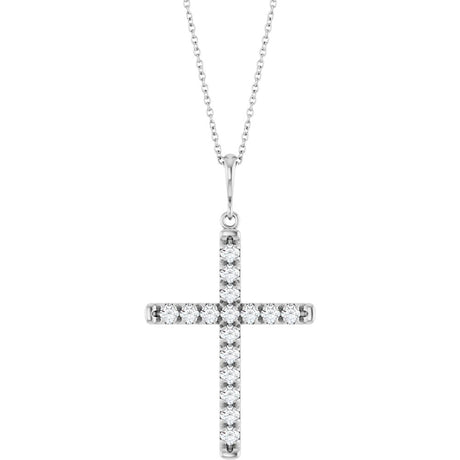 14K White Gold 3/4 CTW Lab-Grown Diamond French-Set Cross 16-18" Necklace