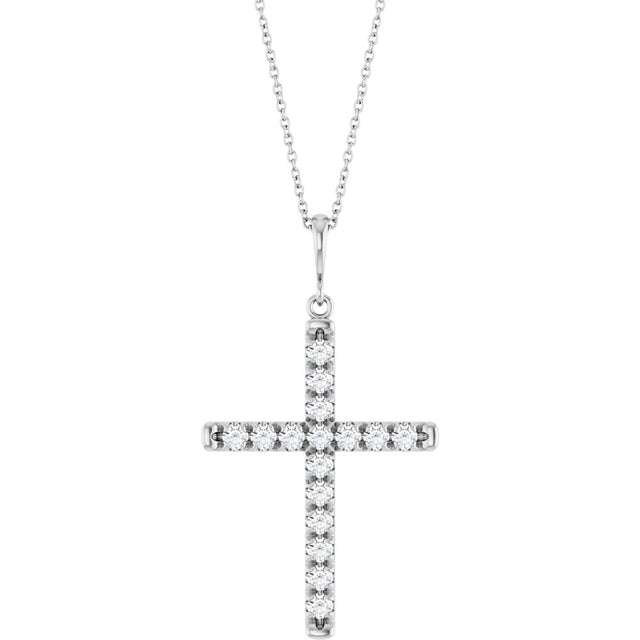 14K White Gold 3/4 CTW Lab-Grown Diamond French-Set Cross 16-18" Necklace