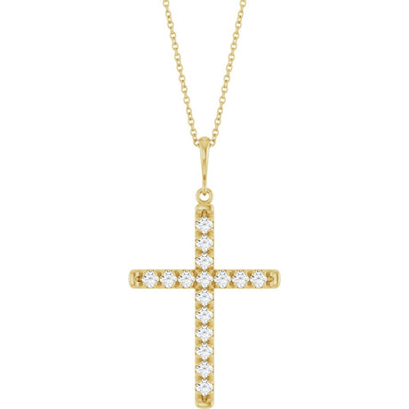 14K Yellow Gold 3/4 CTW Lab-Grown Diamond French-Set Cross 16-18" Necklace