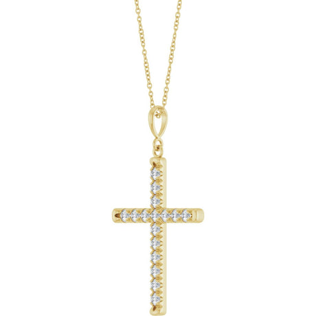 14K Yellow Gold 3/4 CTW Lab-Grown Diamond French-Set Cross 16-18" Necklace