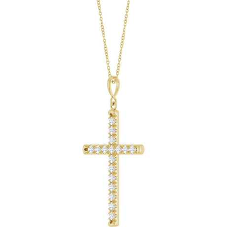 14K Yellow Gold 1 CTW Lab-Grown Diamond French-Set Cross 16-18" Necklace