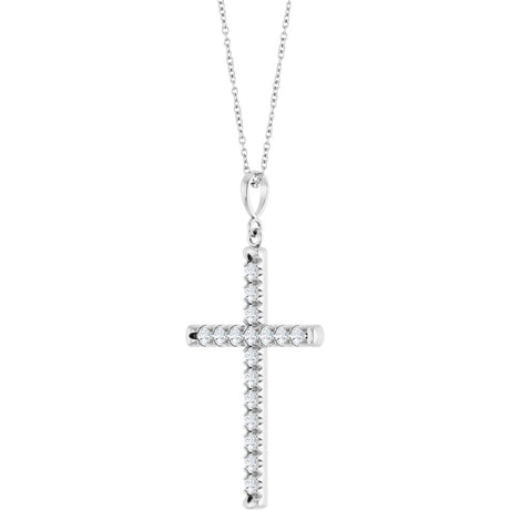 14K White Gold 1 CTW Lab-Grown Diamond French-Set Cross 16-18" Necklace