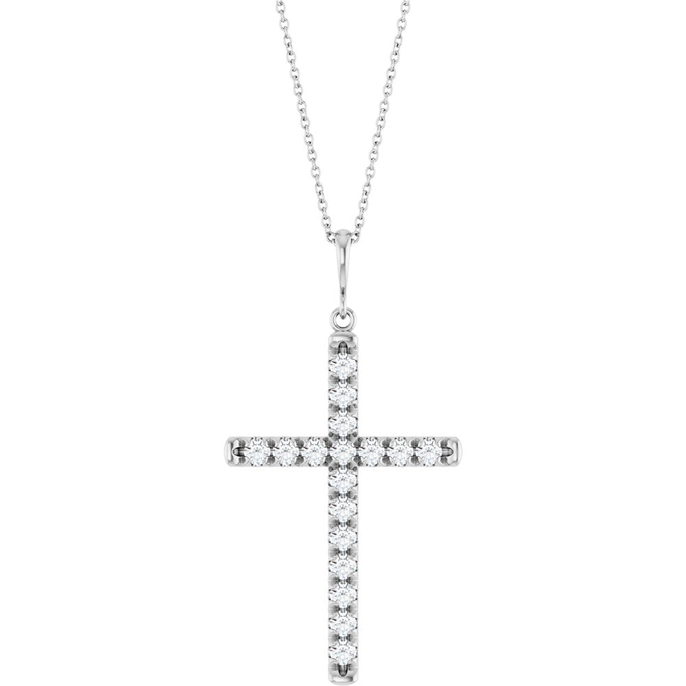 14K White Gold 1 CTW Lab-Grown Diamond French-Set Cross 16-18" Necklace