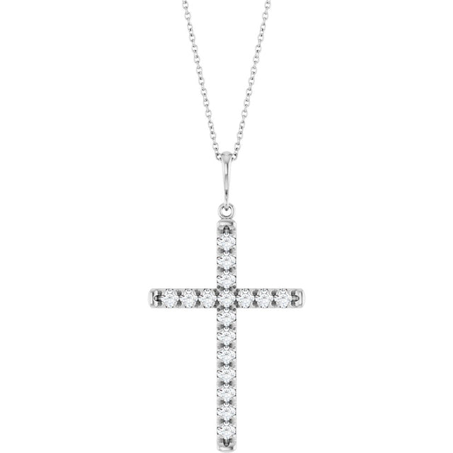 14K White Gold 1 CTW Lab-Grown Diamond French-Set Cross 16-18" Necklace