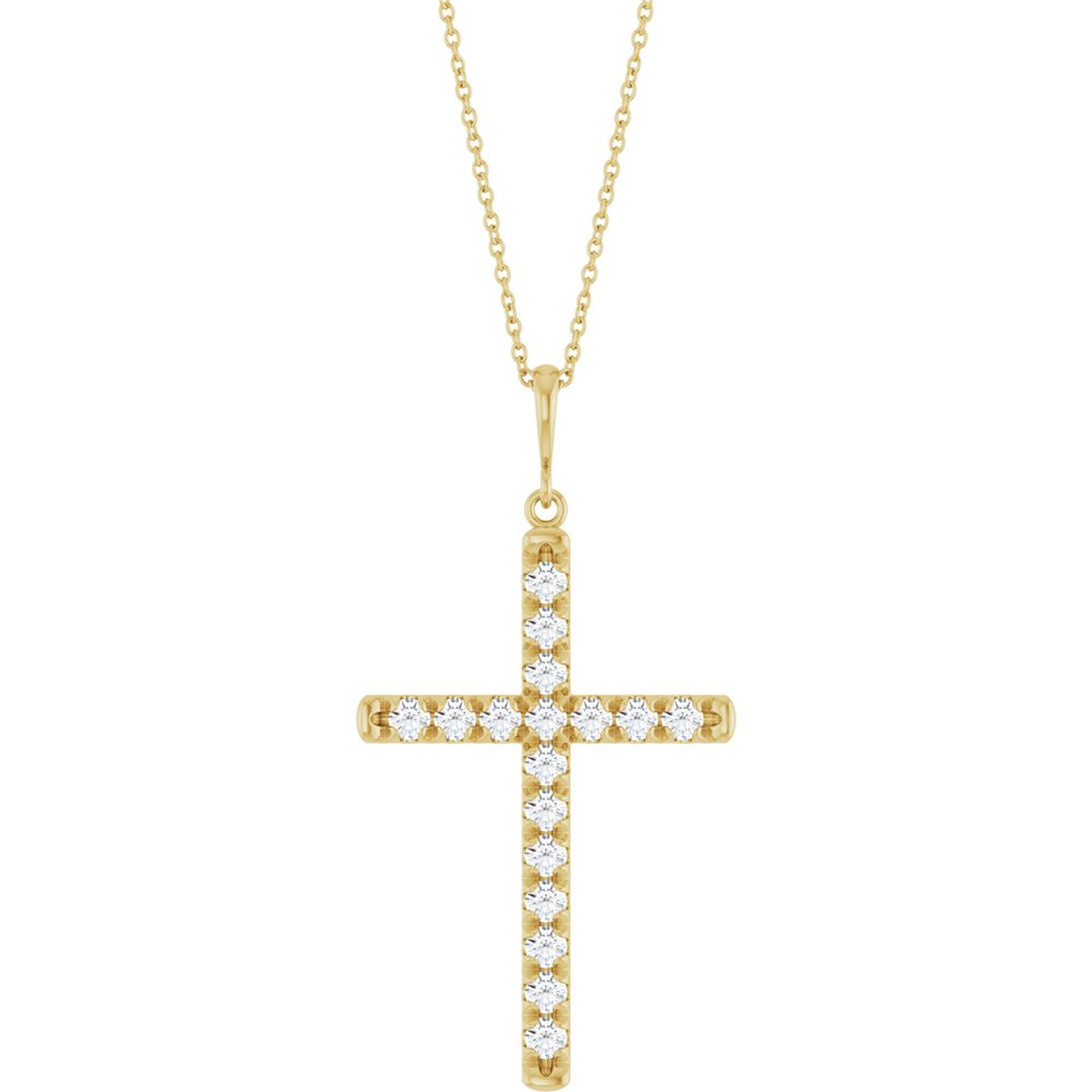 14K Yellow Gold 1 CTW Lab-Grown Diamond French-Set Cross 16-18" Necklace