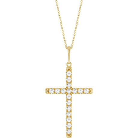 14K Yellow Gold 1 CTW Lab-Grown Diamond French-Set Cross 16-18" Necklace