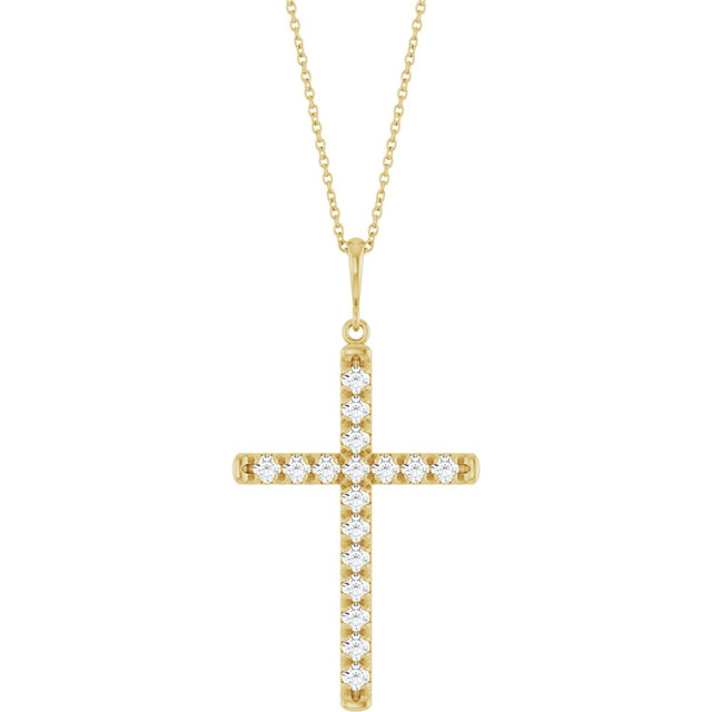 14K Yellow Gold 1 CTW Lab-Grown Diamond French-Set Cross 16-18" Necklace
