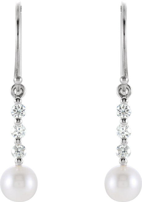 14K White Gold Cultured White Freshwater Pearl & 1/4 CTW Natural Diamond Earrings