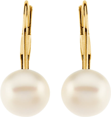 14K Yellow Gold Cultured White Freshwater Pearl Lever Back Earrings