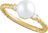 14K Yellow Gold Cultured White Akoya Pearl & .06 CTW Natural Diamond Rope Ring