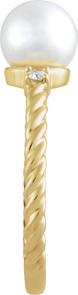 14K Yellow Gold Cultured White Akoya Pearl & .06 CTW Natural Diamond Rope Ring