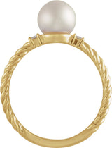 14K Yellow Gold Cultured White Akoya Pearl & .06 CTW Natural Diamond Rope Ring