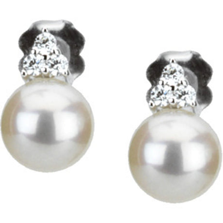 14K White Cultured White Freshwater Pearl &  1/10 CTW Natural Diamond Earrings