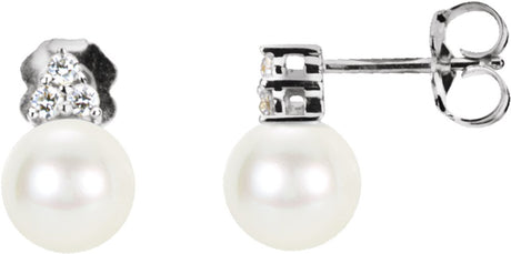14K White Gold Cultured White Freshwater Pearl &  1/10 CTW Natural Diamond Earrings
