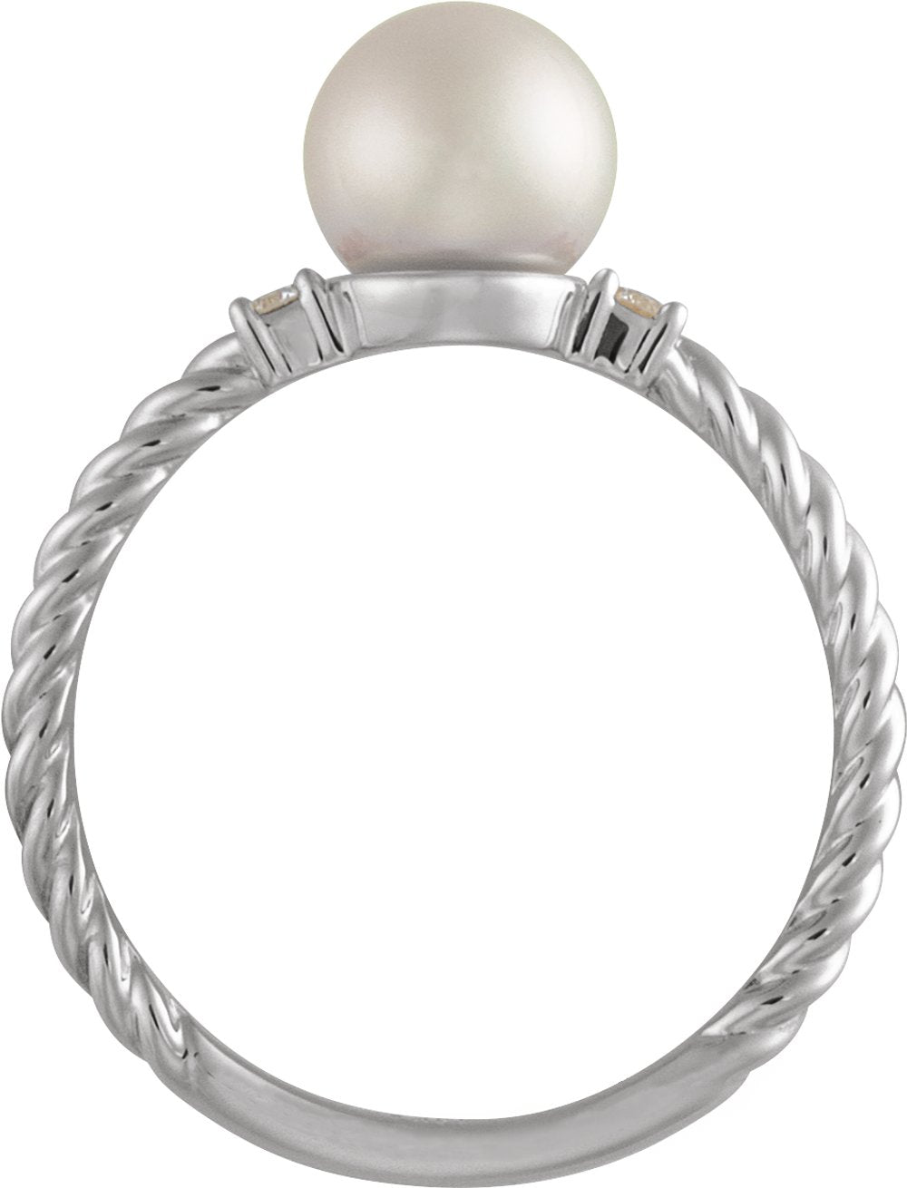 14K White Gold Cultured White Akoya Pearl & .06 CTW Natural Diamond Rope Ring