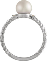 14K White Gold Cultured White Akoya Pearl & .06 CTW Natural Diamond Rope Ring