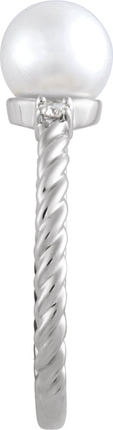 14K White Gold Cultured White Akoya Pearl & .06 CTW Natural Diamond Rope Ring
