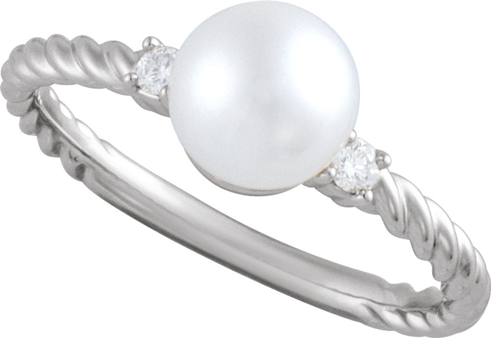 14K White Gold Cultured White Akoya Pearl & .06 CTW Natural Diamond Rope Ring