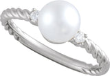 14K White Gold Cultured White Akoya Pearl & .06 CTW Natural Diamond Rope Ring