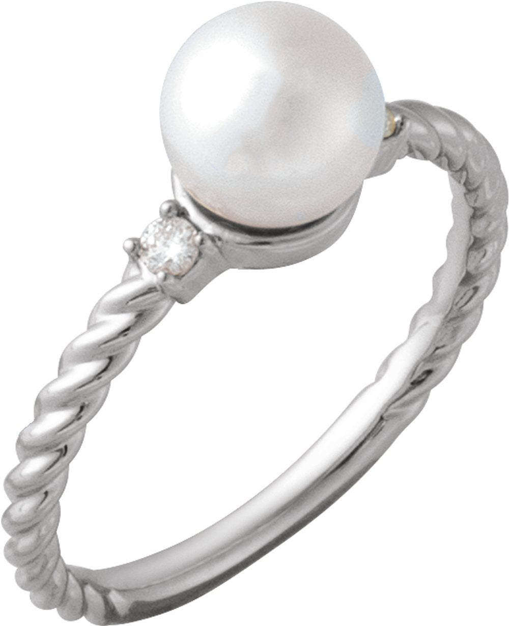 14K White Gold Cultured White Akoya Pearl & .06 CTW Natural Diamond Rope Ring