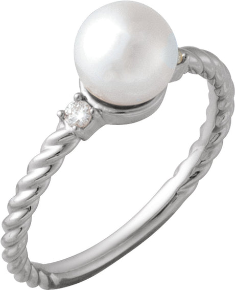 14K White Gold Cultured White Akoya Pearl & .06 CTW Natural Diamond Rope Ring