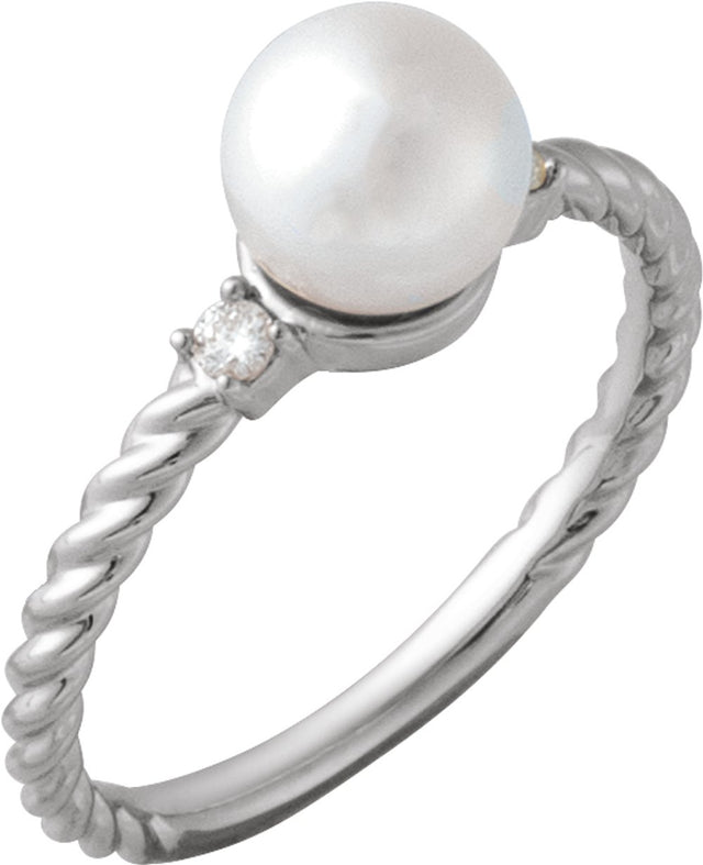 14K White Gold Cultured White Akoya Pearl & .06 CTW Natural Diamond Rope Ring