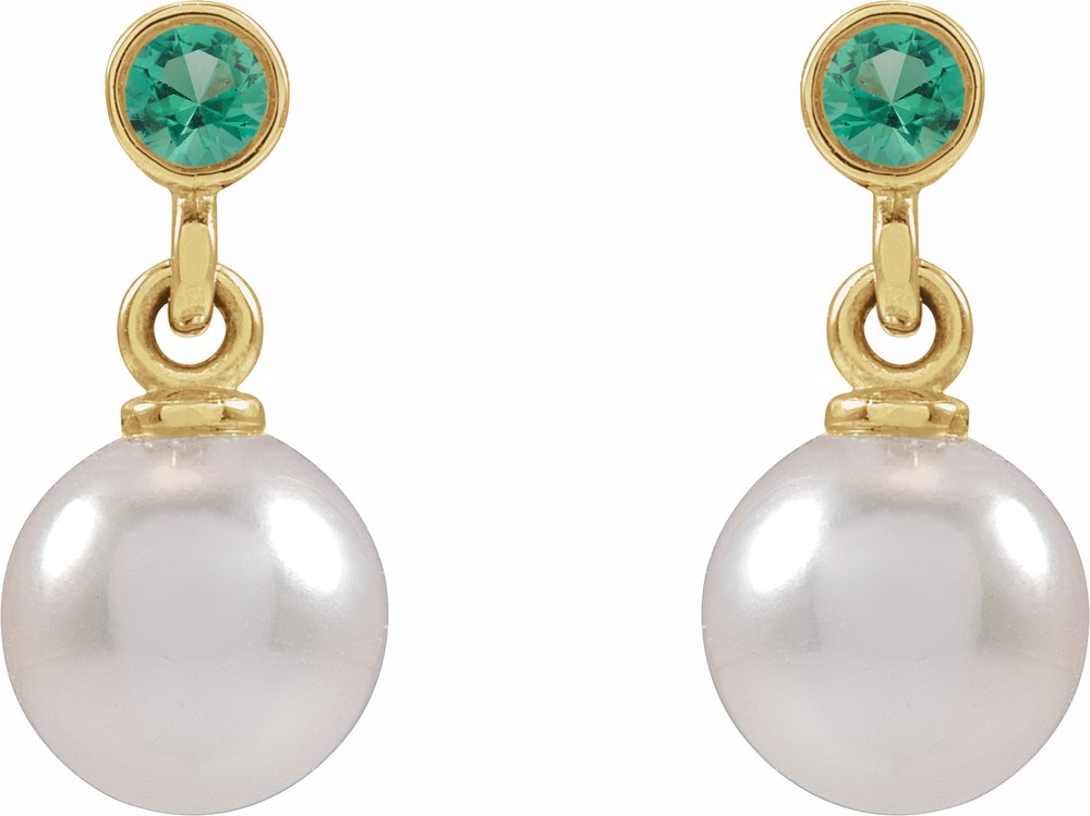 14K Yellow Gold Cultured White Akoya Pearl & Lab-Grown Emerald Earrings